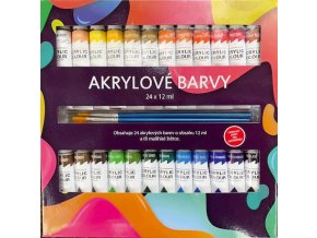 Akrylové barvy 24x12 ml se štětci 3 ks i na keramiku, sklo, kameny v krabičce 22x22x2 cm