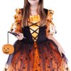 Dětský kostým oranžová čarodějnice/Halloween s kloboukem (S)
