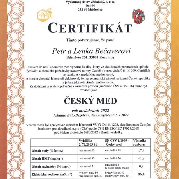 CERITIFKÁT NAŠEHO MEDU 2022