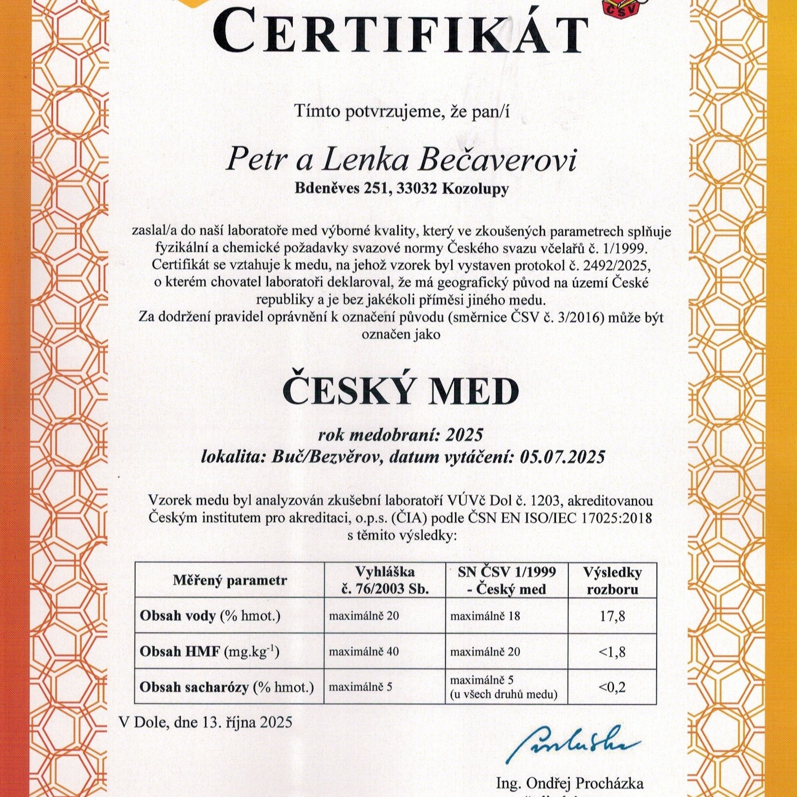 CERTIFIKÁT MEDOBRANÍ 2025