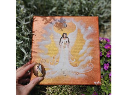 Sluneční čarodějka - originál na plátně 20x20cm+ kamínek pro štěstí a ochranu,ve tmě svítí