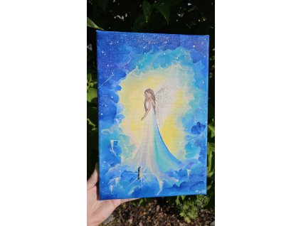 Světlo nebes - originál na plátně 20x30cm,ve tmě svítí