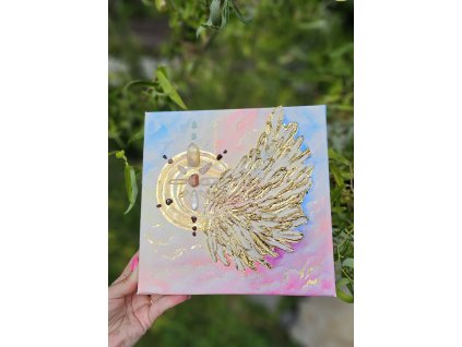 Křídla duše - originál na plátně vel.20x20cm, s krystalickou mřížkou