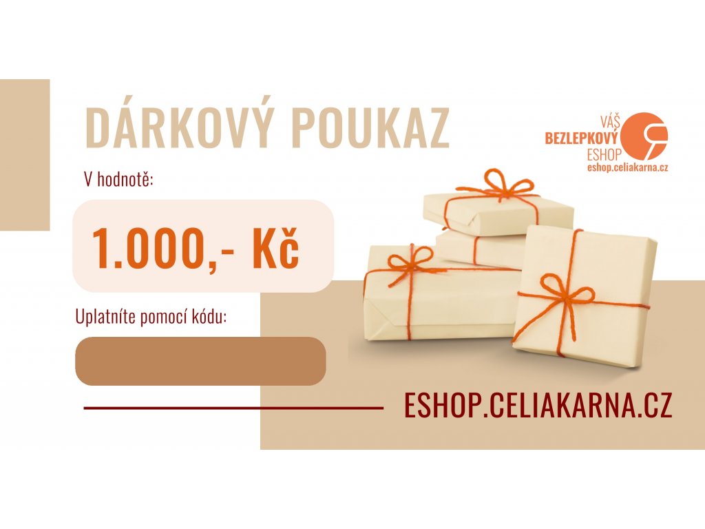 darkový poukaz, 1000,- Kč, eshop.celiakarna.cz