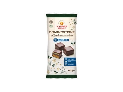 Bezlepkové DOMINO KOSTKY v jemné hořké čokoládě, 140 g, BIO, Vánoční edice, eshop.celiakarna.cz