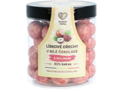 Lískové ořechy v bílé čokoládě s lyofilizovanými malinami