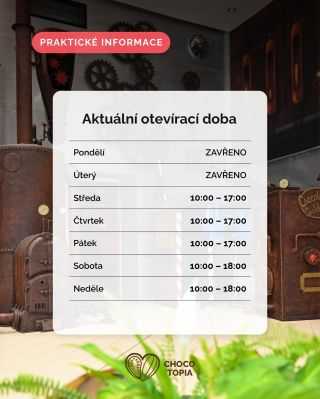 Skvělá zpráva pro všechny návštěvníky! 🍫 Naše letní rozšířená otevírací doba zůstává i nadále. Takže máte pořád víc času...