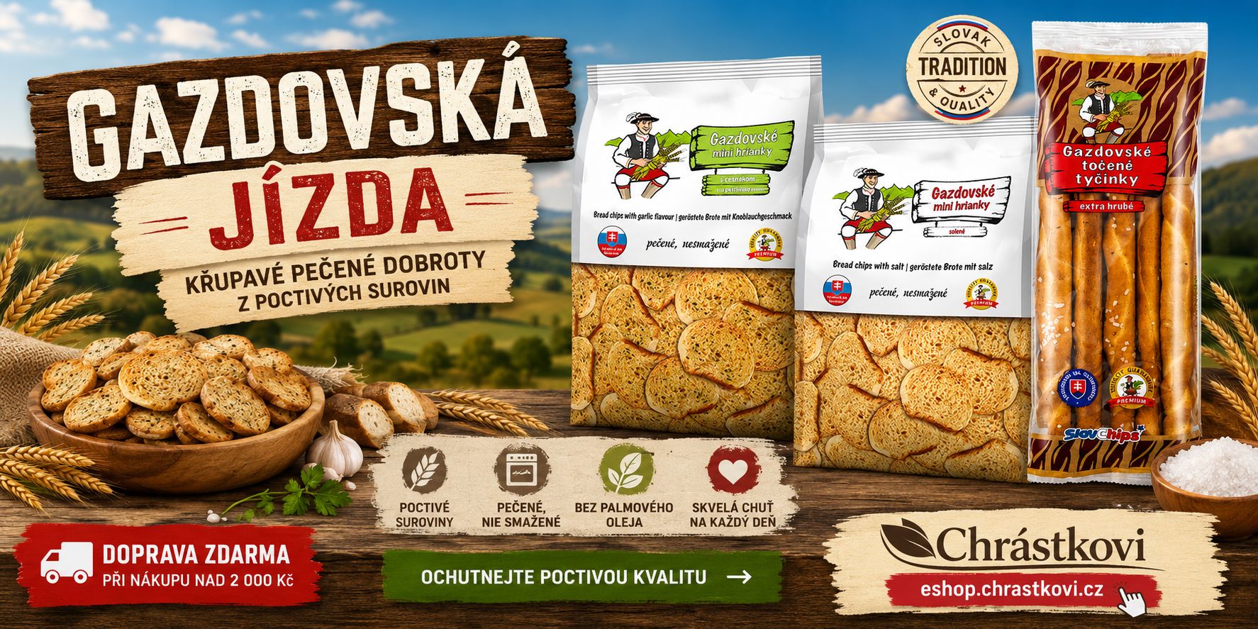 Chrástkovi SlovChips – Gazdovské mini hrianky česnekové, Gazdovské mini hrianky solené a Gazdovské točené tyčinky. Křupavé pečené speciality z poctivých surovin.