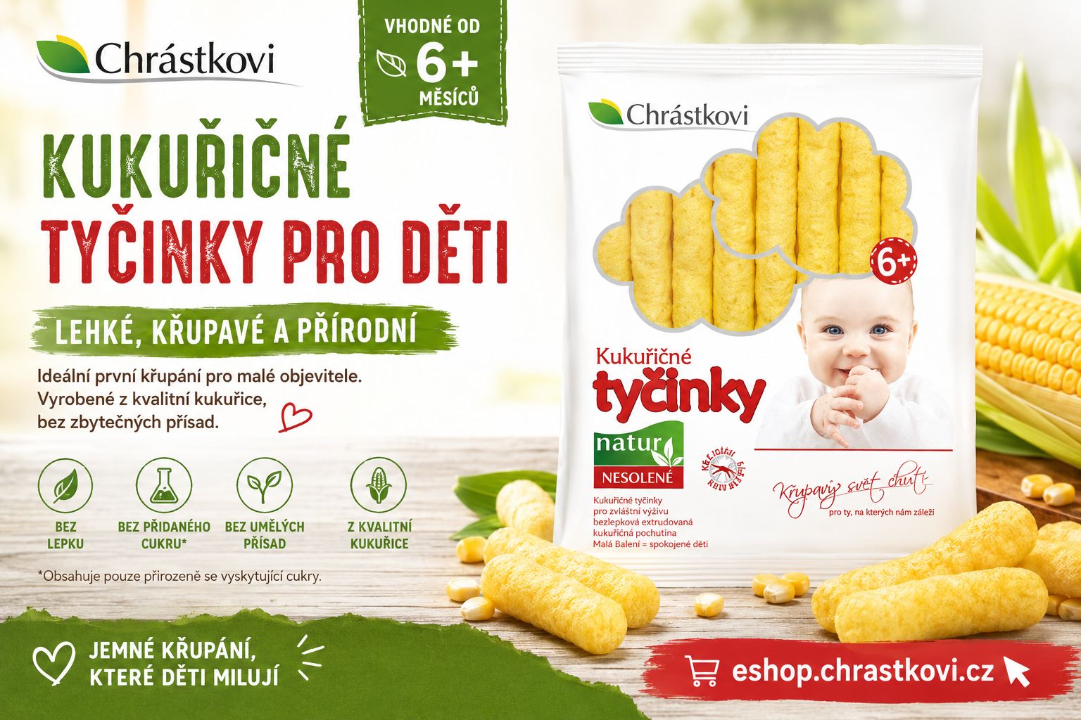 Kukuřičné tyčinky pro děti Chrástkovi 60 g – bezlepkové nesolené kukuřičné křupky pro děti od 6 měsíců, lehká svačina z kvalitní kukuřice, bez umělých přísad, přirozeně bez lepku, zdravější mlsání pro nejmenší, eshop.chrastkovi.cz