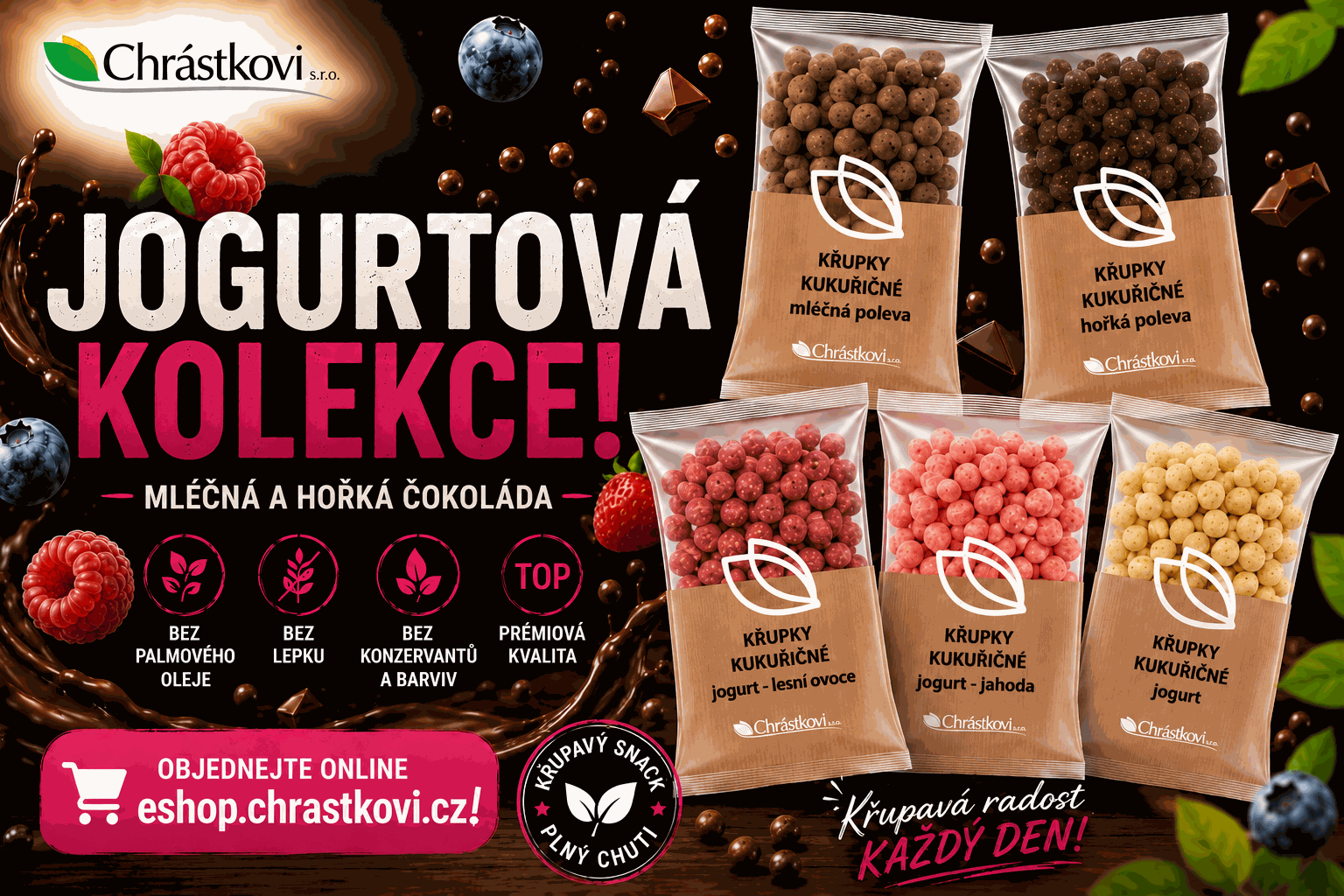 Bezlepkové jogurtové kukuřičné křupky Chrástkovi s příchutí jahoda a mléčná poleva