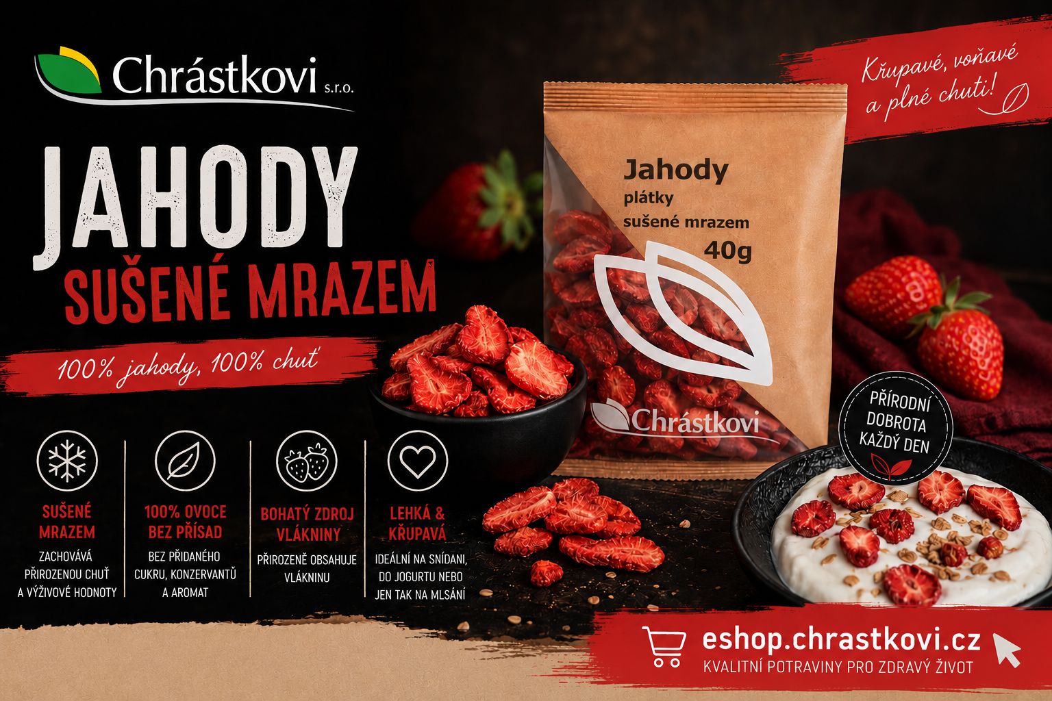Lyofilizované jahody Chrástkovi 40 g – jahody sušené mrazem, 100% ovoce, křupavá ovocná svačina, přírodní chuť, zdravé mlsání, eshop.chrastkovi.cz