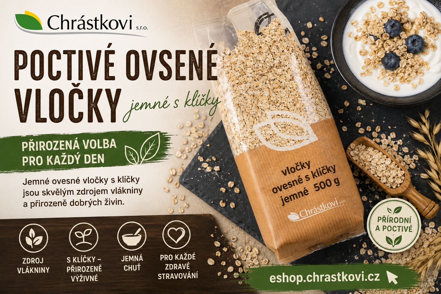 Chrástkovi jemné ovesné vločky s klíčky 500 g – kvalitní ovesné vločky pro zdravou snídani, zdroj vlákniny a přirozeně výživná volba
