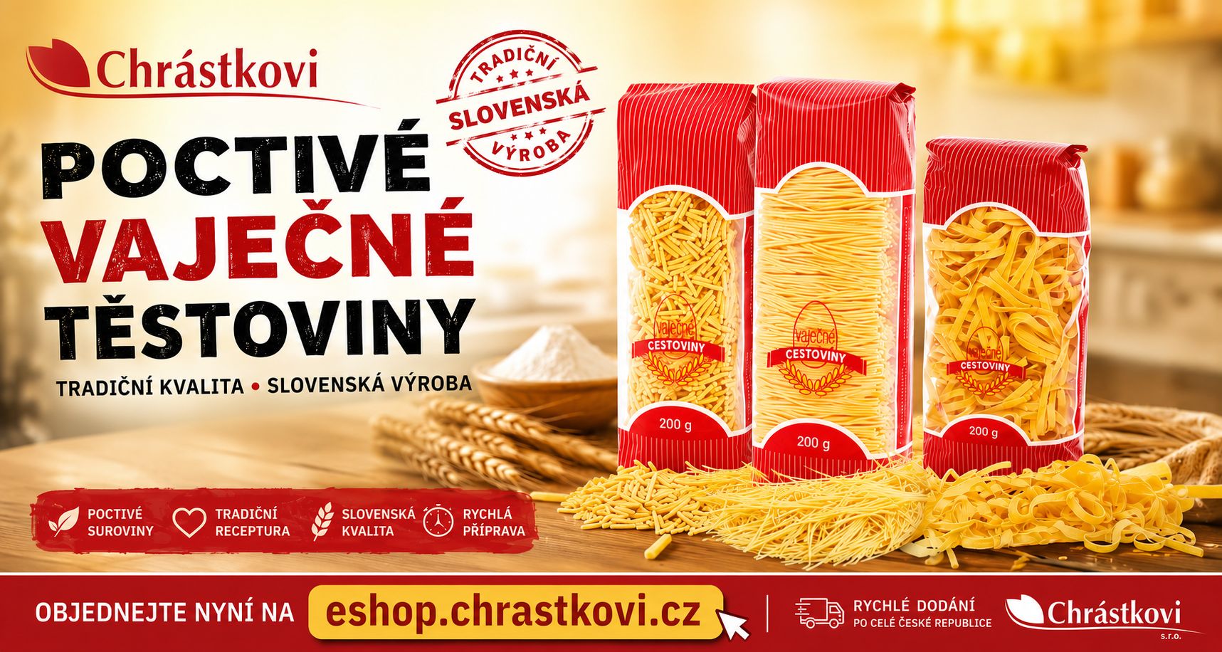 Poctivé vaječné těstoviny Chrástkovi – špagety a nudle z kvalitních surovin pro každodenní vaření | eshop.chrastkovi.cz