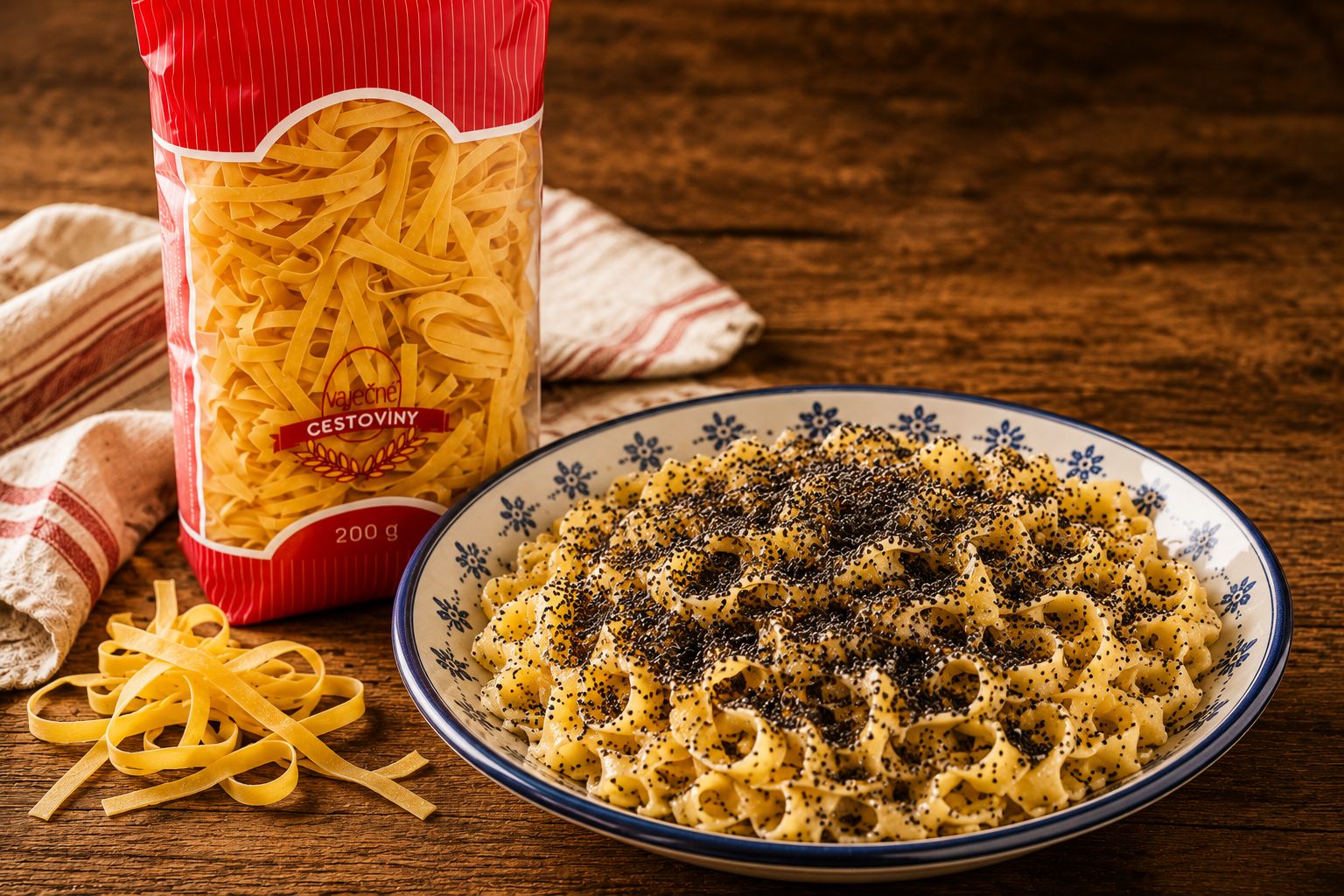 Vaječné těstoviny FRITEX 200 g s mákem – kvalitní domácí vaječné nudle, tradiční slovenské těstoviny vhodné pro přípravu sladkých makových nudlí i dalších domácích pokrmů.