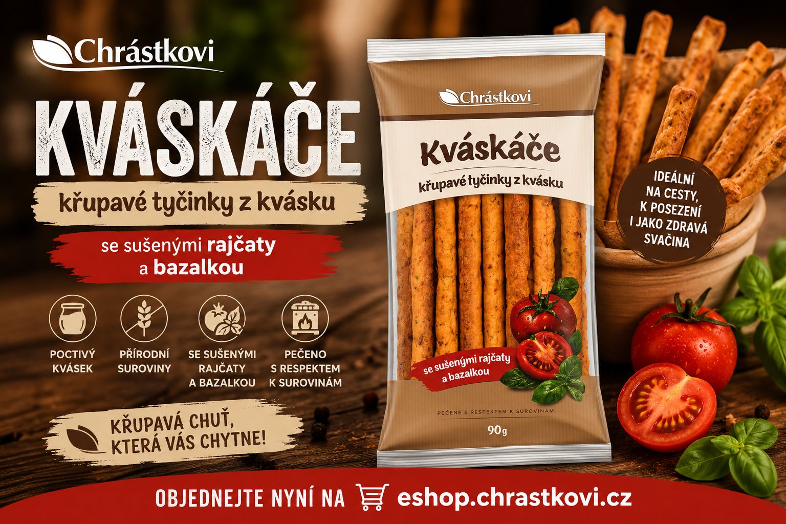 Chrástkovi Kváškáče – křupavé kváskové tyčinky se sušenými rajčaty a bazalkou, poctivě pečený slaný snack z kvalitních surovin | eshop.chrastkovi.cz