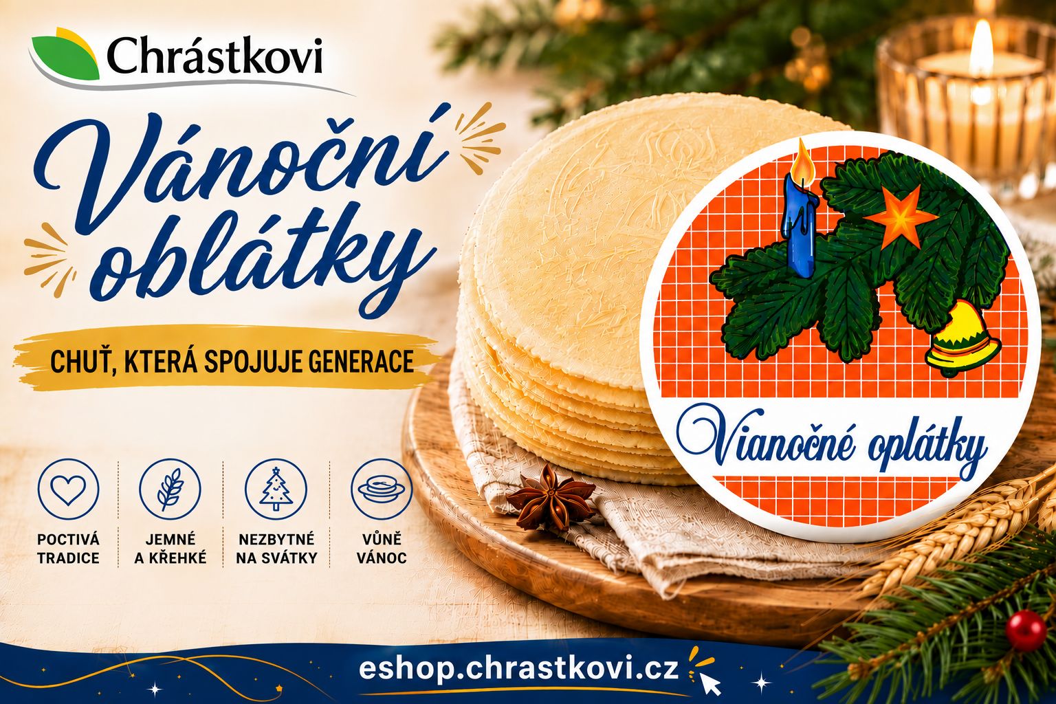 Vánoční oplatky Chrástkovi – tradiční jemné a křehké vánoční oplatky pro slavnostní chvíle. Poctivá chuť Vánoc na eshop.chrastkovi.cz.