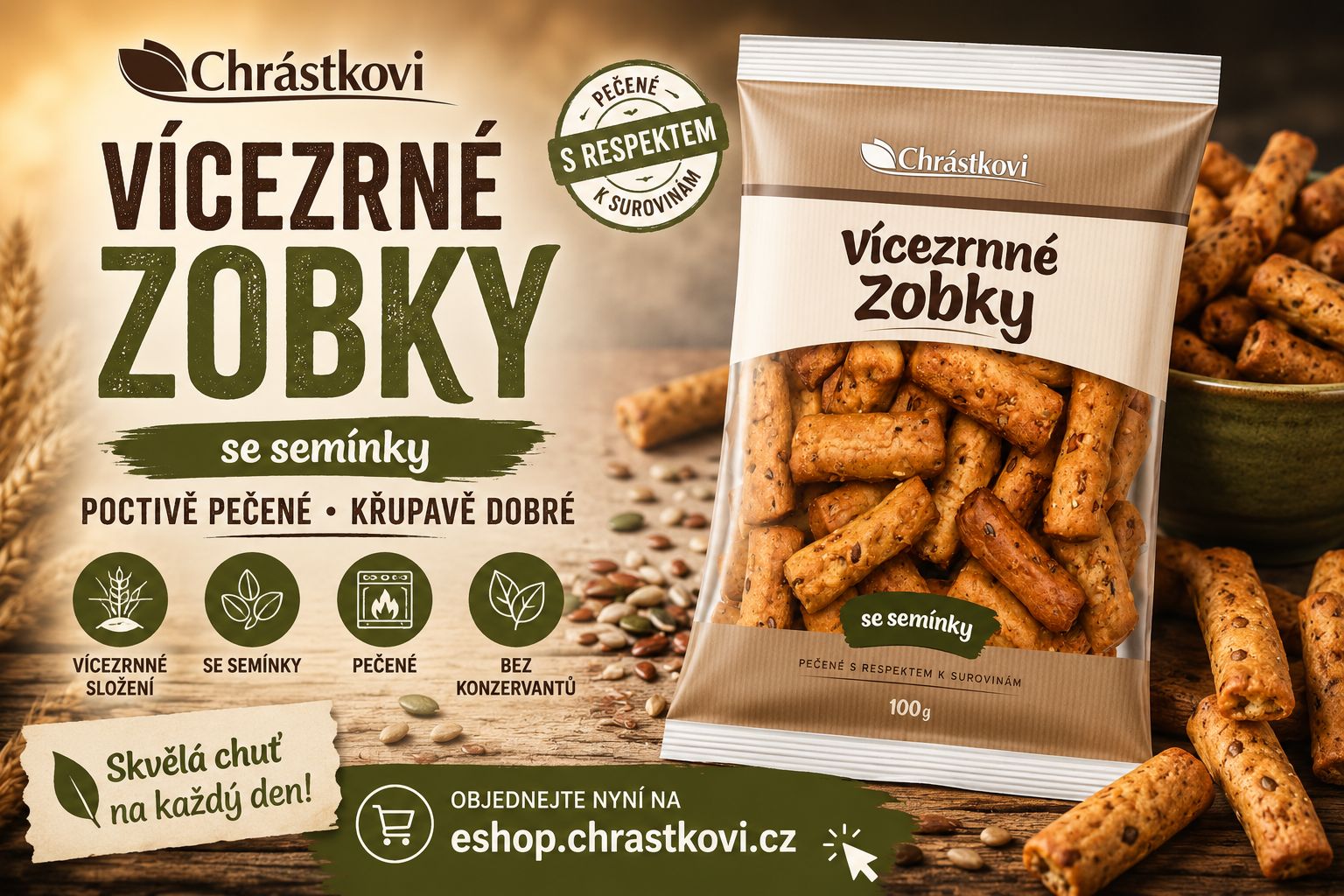 Chrástkovi Vícezrnné zobky se semínky – křupavý pečený vícezrnný snack se semínky, slané pečivo z kvalitních surovin, ideální ke svačině | eshop.chrastkovi.cz