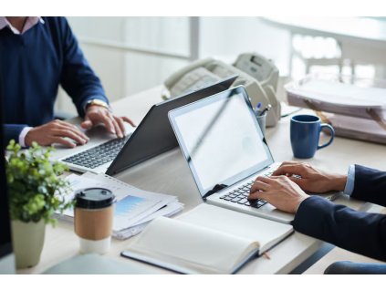 side view cropped unrecognizable business people working common desk 1098 20474