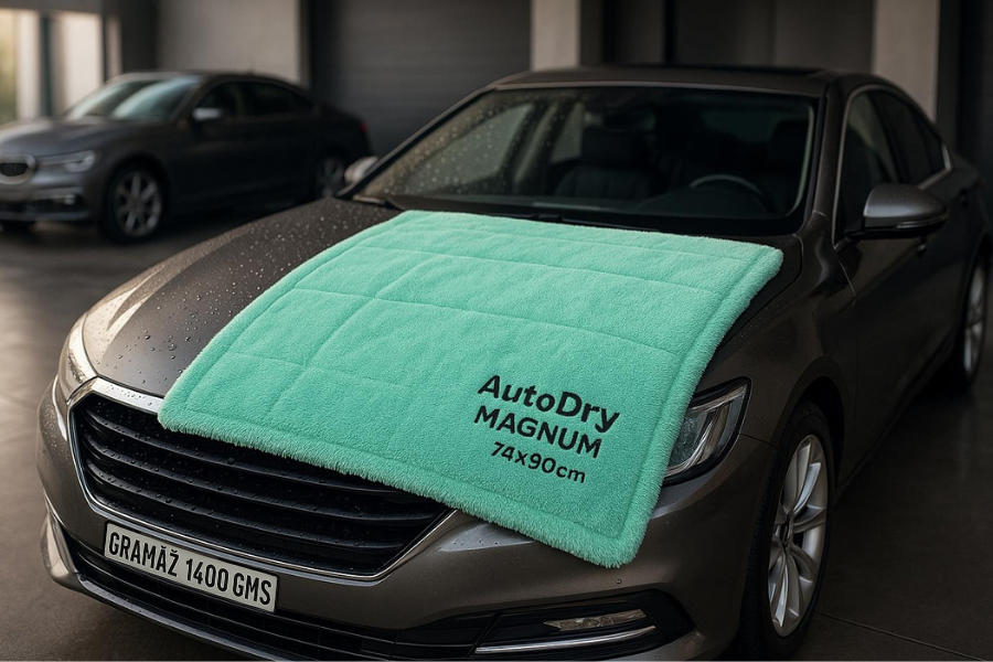 Sušící ručník AutoDry MAGNUM 74 × 90 cm položený na kapotě automobilu