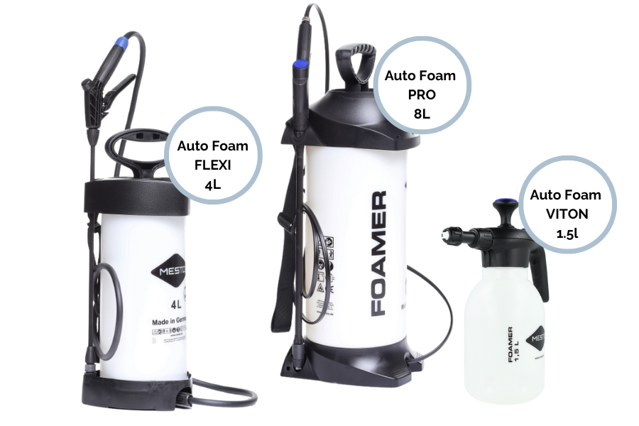 Porovnání ručních pěnovačů AutoFoam 1,5 l, AutoFoam Flexi 4 l a AutoFoam Pro 8 l