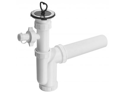 Dřezový sifon s odbočkou 6/4", nerez výpust, zátka s uchem, DN50, bílá
