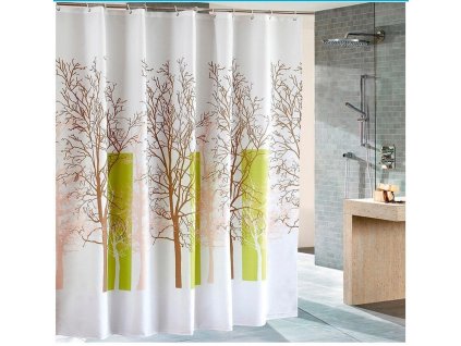 Sprchový závěs 180x180cm, polyester, bílá/zelená, strom