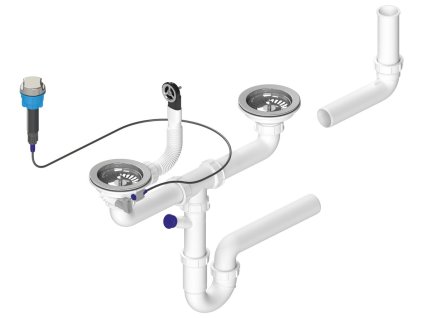 Dřezový sifon s přepadem, ovládáním a odbočkou, 6/4", pro dvojdřez,  včetně pilety, DN40, bílá