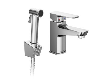 BM 011.01CR Umyvadlová stojánková baterie 144 mm s bidetovou sprškou a držákem na zeď, bez výpusti, chrom