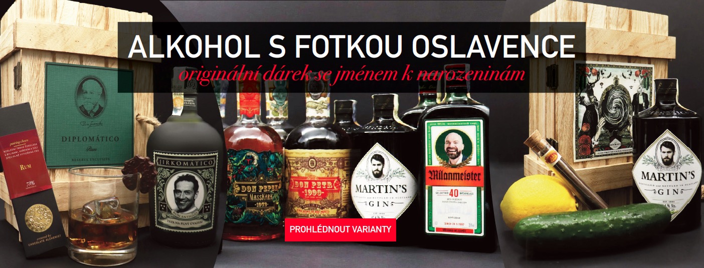 Alkohol s fotkou a jménem oslavence