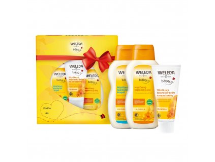 Weleda měsíčkový kojenecký krém 75 ml + Měsíčková kojenecká koupel 200 ml + měsíčkový kojenecký olej 200 ml + bavlněná plena s potiskem dárková sada