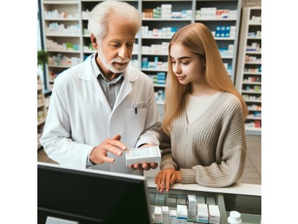 DALL·E 2023 12 05 09.31.26 An experienced senior pharmacist advising a young female client in a pharmacy. The pharmacist is an elderly Caucasian man wearing a white coat, standi