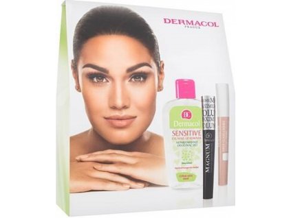 Dermacol Magnum odstín Black řasenka Magnum 7,5 ml + báze pod řasenku First Class Lashes 9 ml + odličovač očí Sensitive Eye Make up Remover 150 ml dárková sada