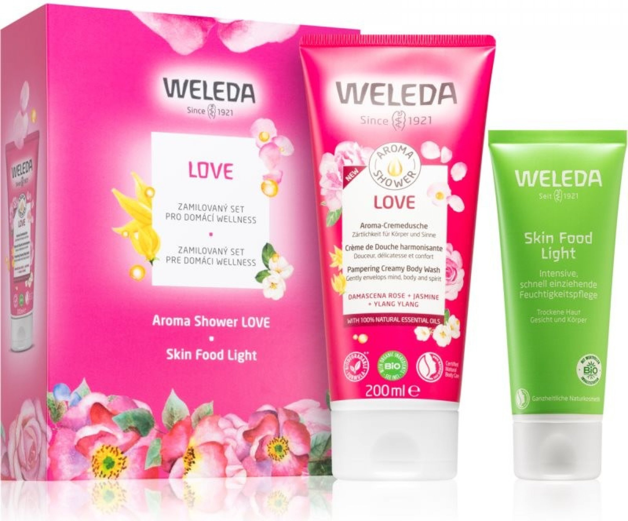 Weleda Love Aroma Shower Gel blahodárný sprchový gel 200 ml + Skin Food Light bohatý hydratační krém 75 ml dárková sada