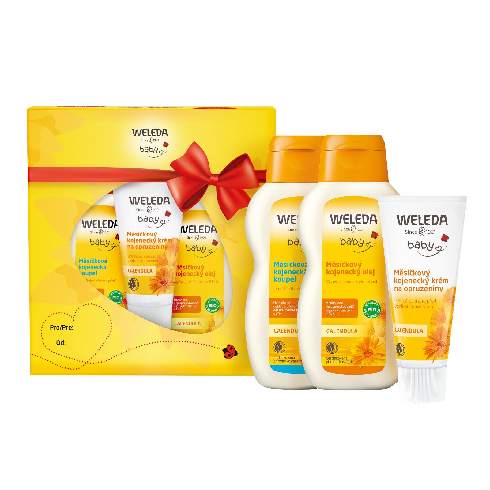 Weleda měsíčkový kojenecký krém 75 ml + Měsíčková kojenecká koupel 200 ml + měsíčkový kojenecký olej 200 ml + bavlněná plena s potiskem dárková sada