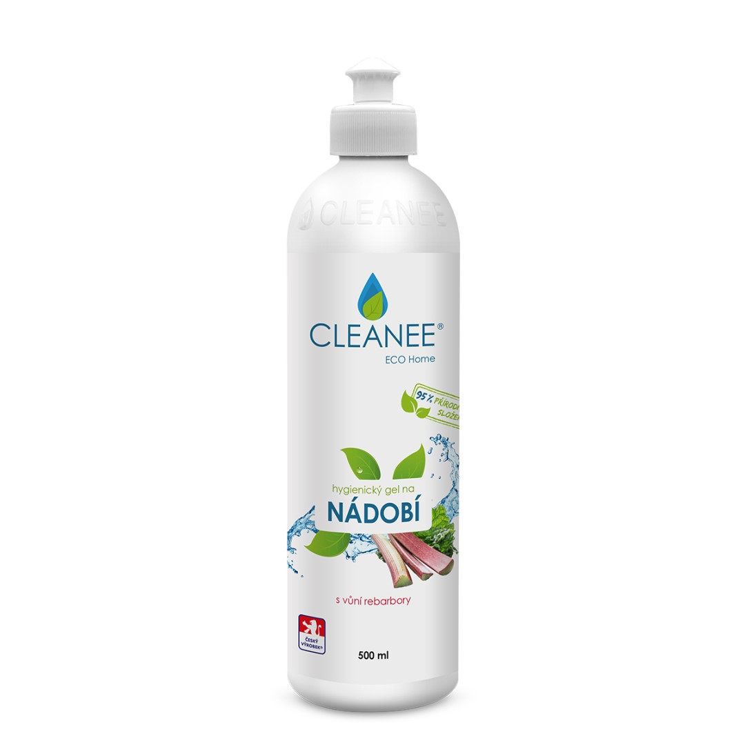 CLEANEE EKO gel na NÁDOBÍ s vůní rebarbory 500 ml s hříbkem expirace 8/2025