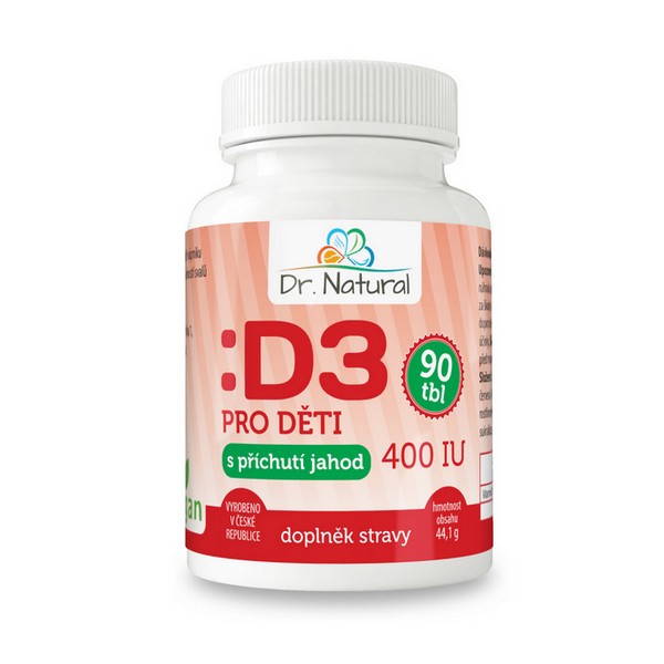 Dr. Natural Vitamín D3 pro děti 400 IU 90 tbl. s příchutí jahod