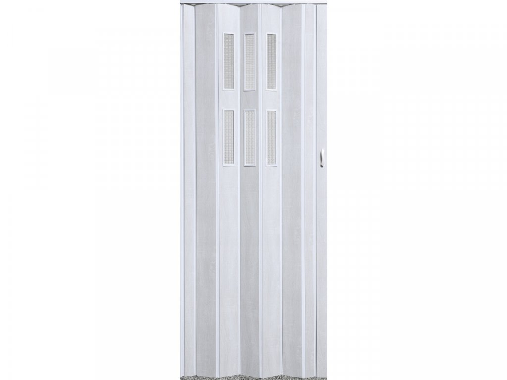 lacné harmonikové dvere s okienkami biele s kresbou dreva