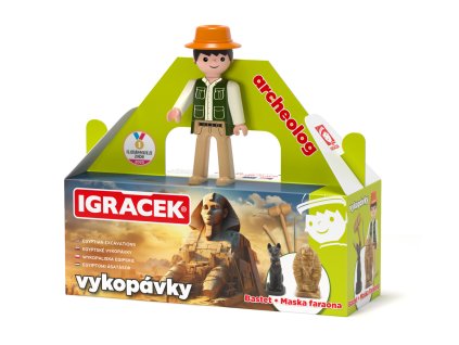 Igráček Archeolog - figurka s egyptskými vykopávkami masky faraona a sošky bohyně Bastet