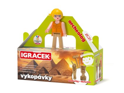 Igráček Archeoložka - figurka s egyptskými vykopávkami sarkofágu a sošky Nefertiti