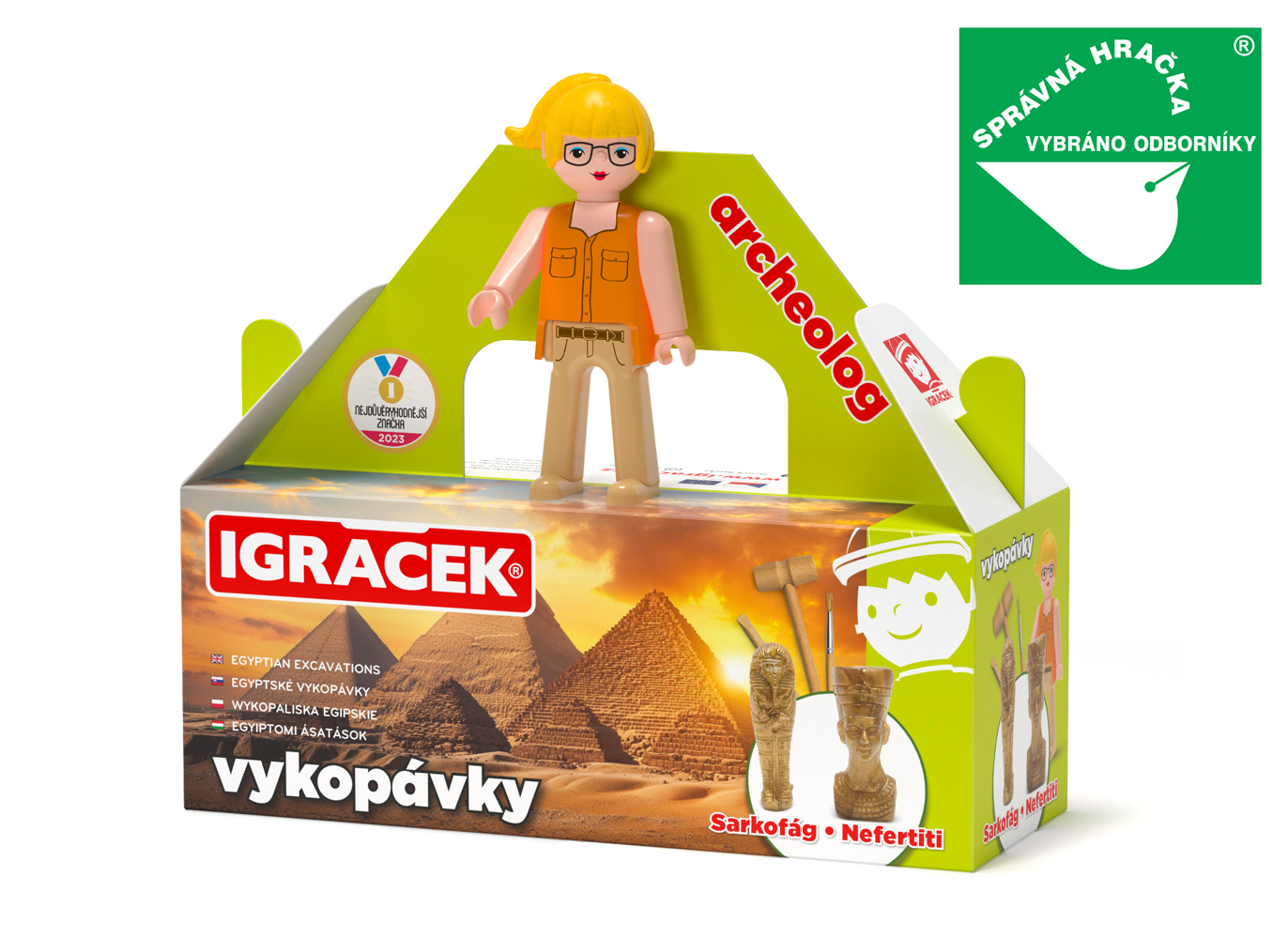 Igráček Archeoložka - figurka s egyptskými vykopávkami sarkofágu a sošky Nefertiti