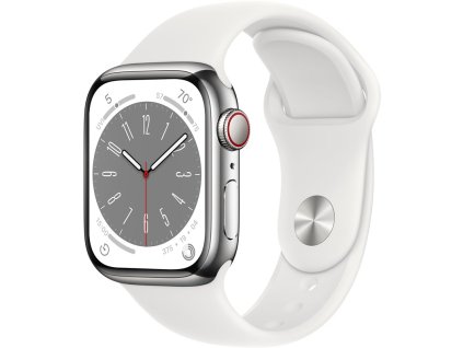 Chytré hodinky Apple Watch Series 8 GPS + Cellular 41mm pouzdro ze stříbrné nerezové oceli - bílý sportovní řemínek