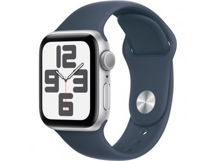 Chytré hodinky Apple Watch SE 2023 GPS 44mm pouzdro ze stříbrného hliníku - bouřkově modrý sportovní řemínek - S/M