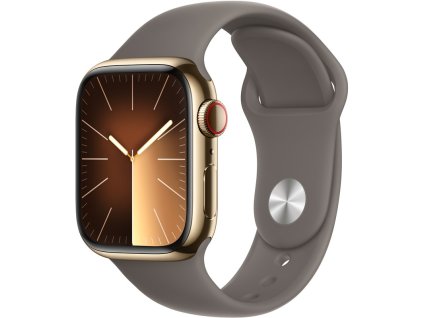 Chytré hodinky Apple Watch Series 9 GPS + Cellular 45mm pouzdro ze zlaté nerezové oceli - jílově šedý sportovní řemínek - S/M
