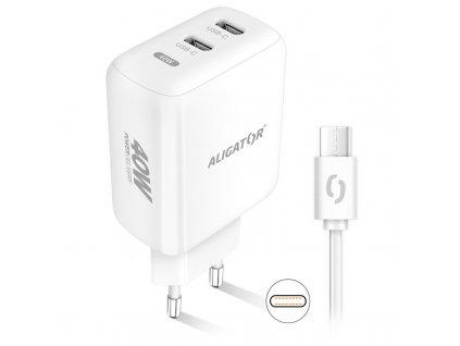 Nabíječka do sítě Aligator Power Delivery 40W, 2xUSB-C + USB-C kabel - bílá