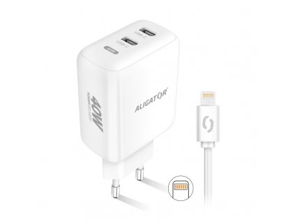 Nabíječka do sítě Aligator Power Delivery 40W, 2xUSB-C + kabel pro Apple - bílá