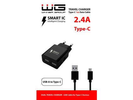 Síťová nabíječka 2xUSB (2,4A)-Smart IC (Type-C cable) (Černá)