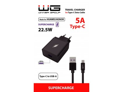 Síťová nabíječka Fast 1xUSB/SuperCharge(22,5W) 5V-9V-12V (Type-C cable (5A) (Černá)
