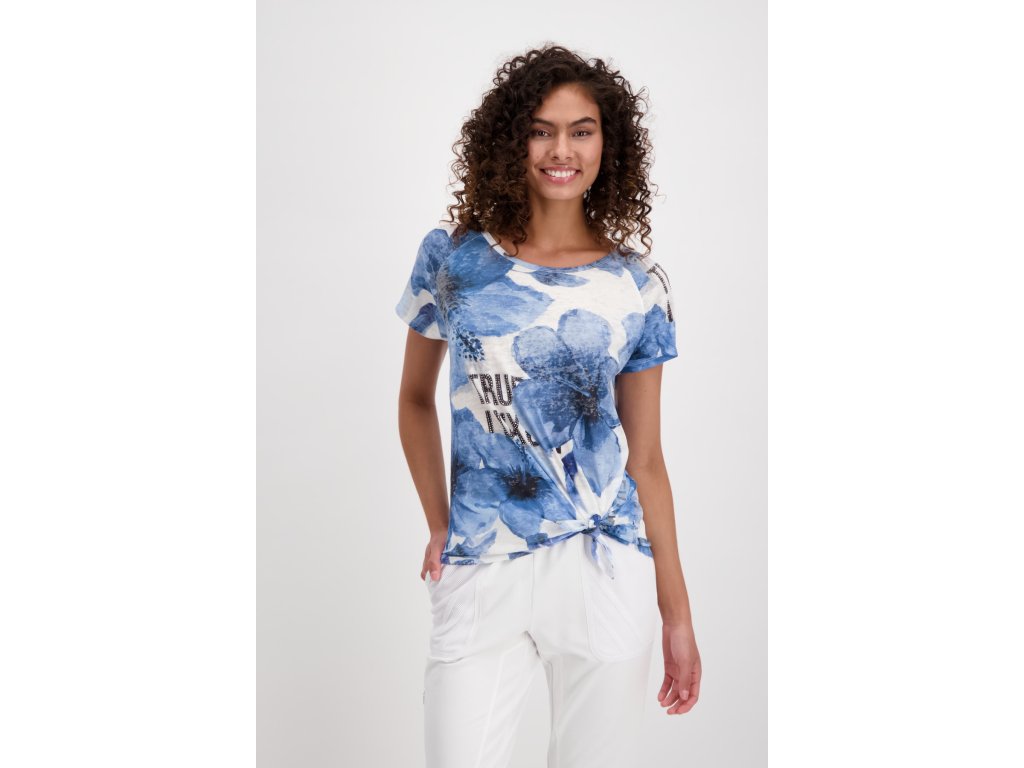 Rundhals T Shirt zum Knoten mit Allover Flower Print Weiss Blau monari 51806