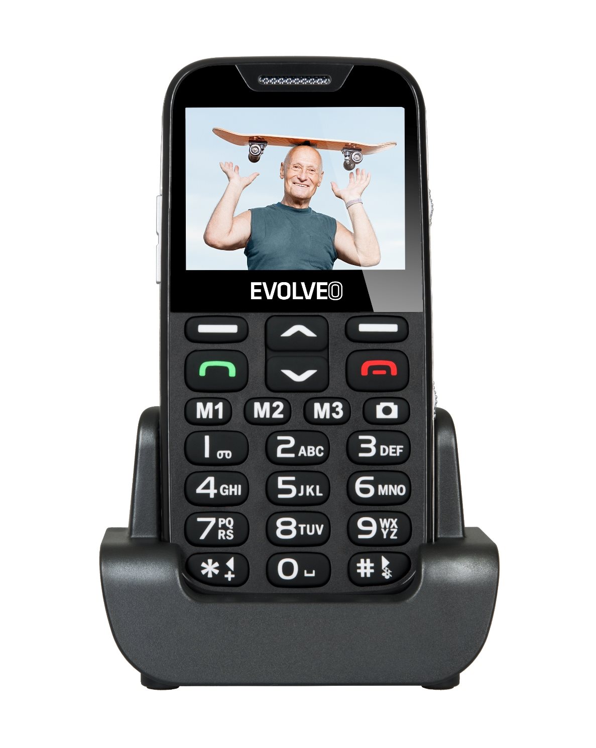 EVOLVEO EasyPhone XD, a mobile phone for seniors with a charging stand, black