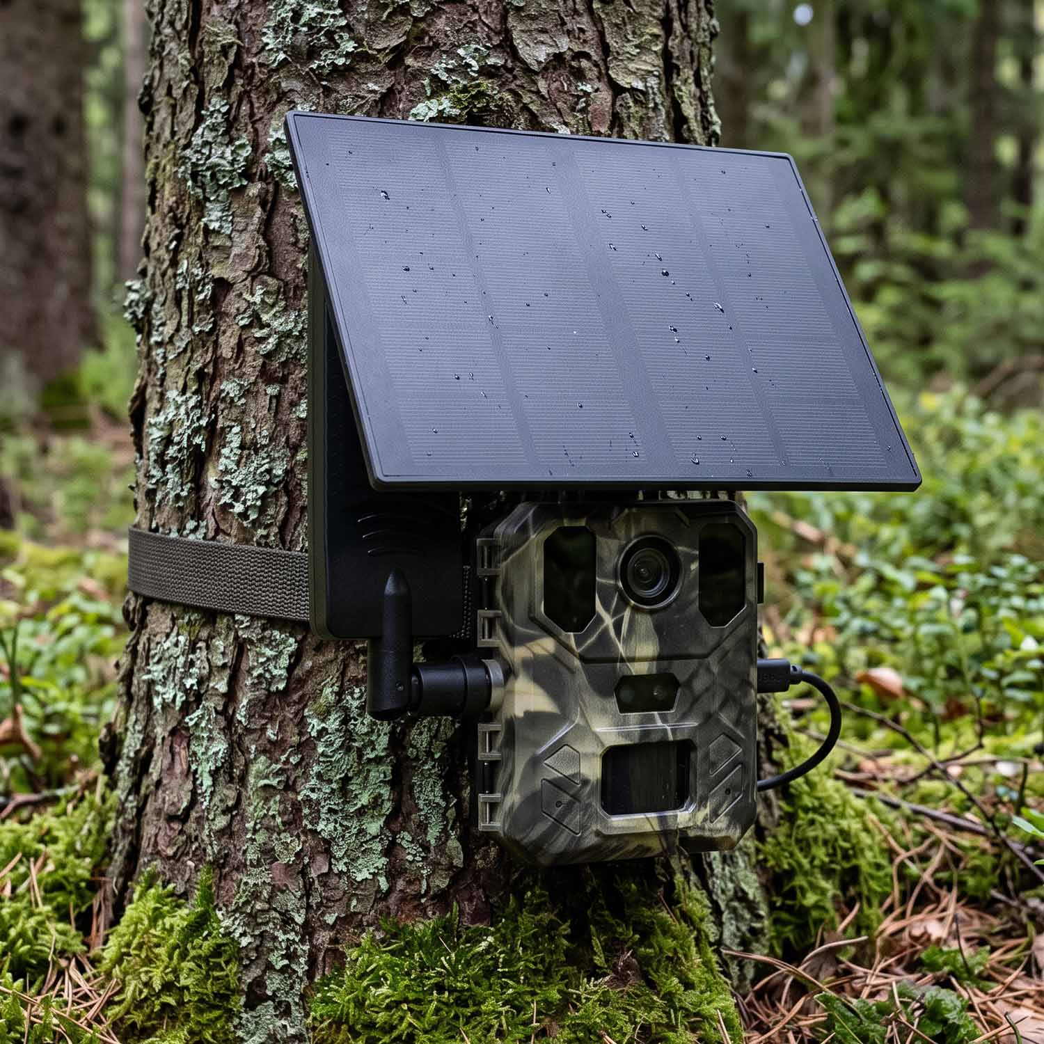 EVOLVEO StrongVision LTE MINI se solárním panelem instalovaná na stromě